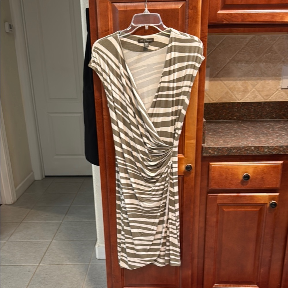 Tommy Bahama Cream and Olive Ruched Wrap Midi Dress